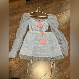 Sugar Thrillz Light Blue Mesh Puff Sleeve Top and Mini Skirt Set